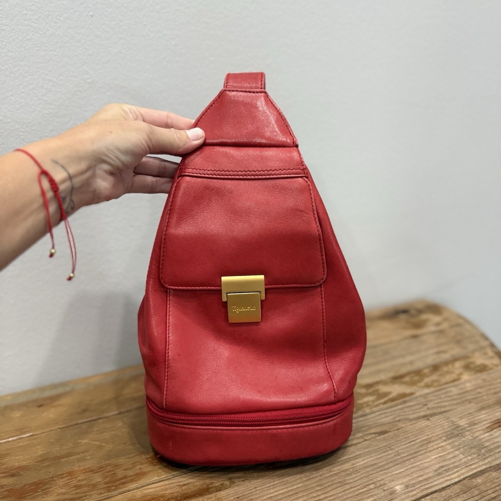 Tignanello Red Leather Teardrop Sling Backpack Bag Organizer Vanity Mirror Gold